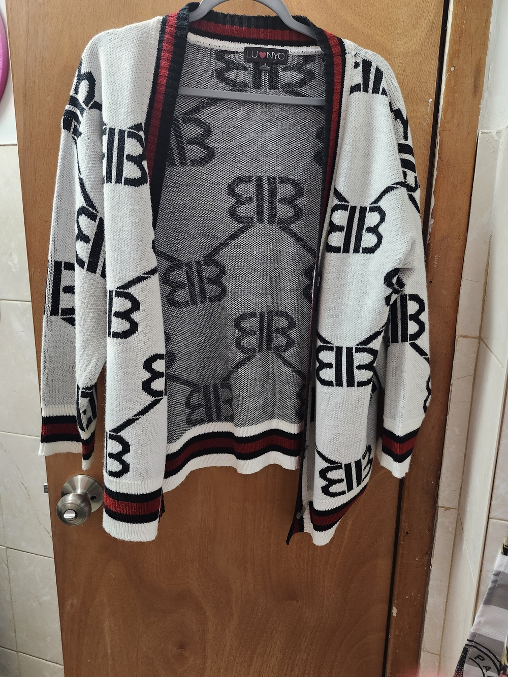 LUVNYC Black & White Logo Knit Cardigan with Red Trim